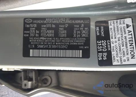 2008 Hyundai Santa Fe Limited/Se из США, поврежденный, VIN 5NMSH13E98H193842